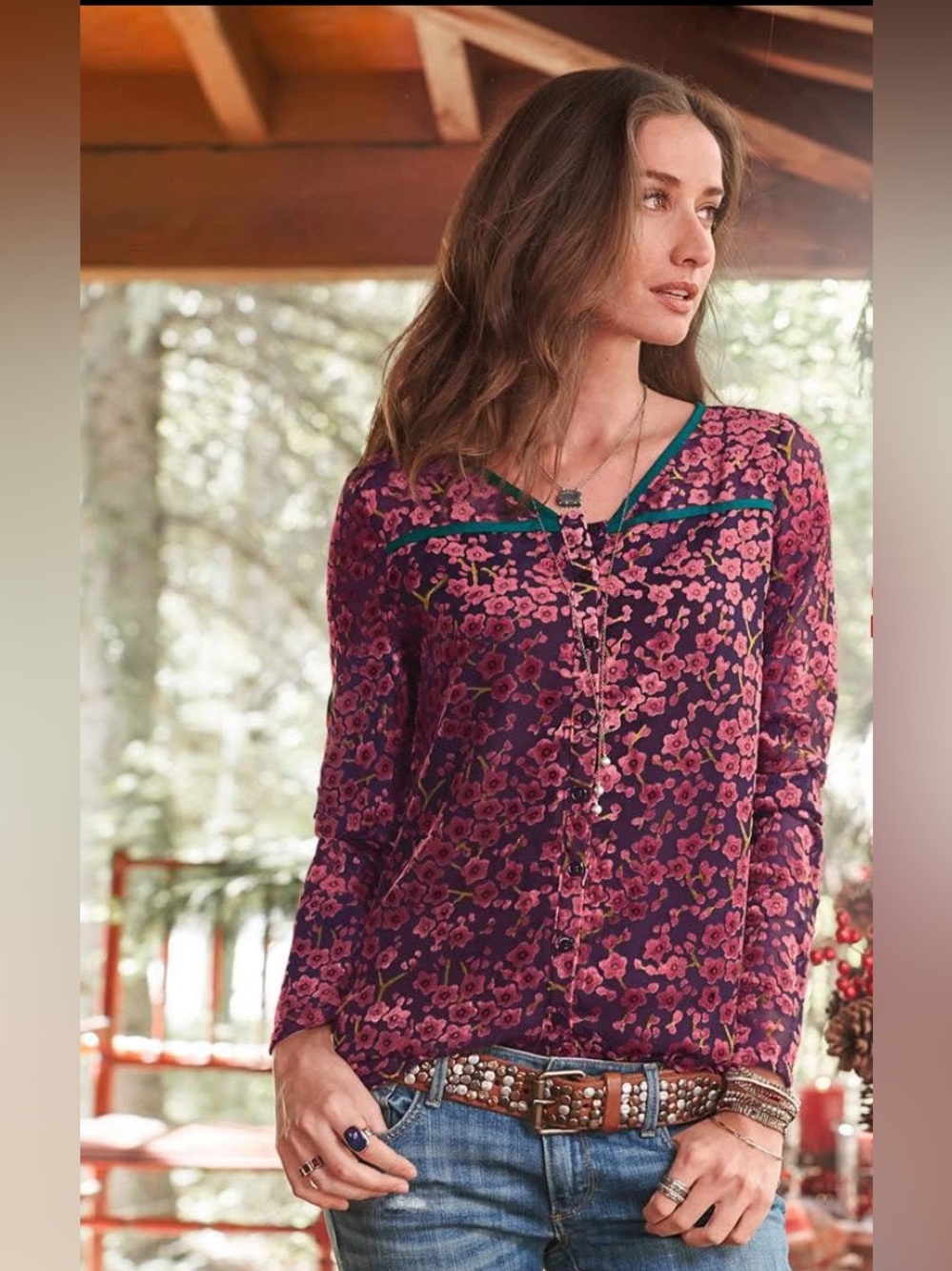 Sundance Sakura Floral Velvet Top XS in Cherry Blossom Button Down Blouse NWOT